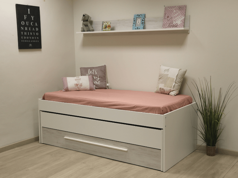 Dormitorio juvenil completo Elliot (cama nido con somieres +armario+ escritorio) de color blanco