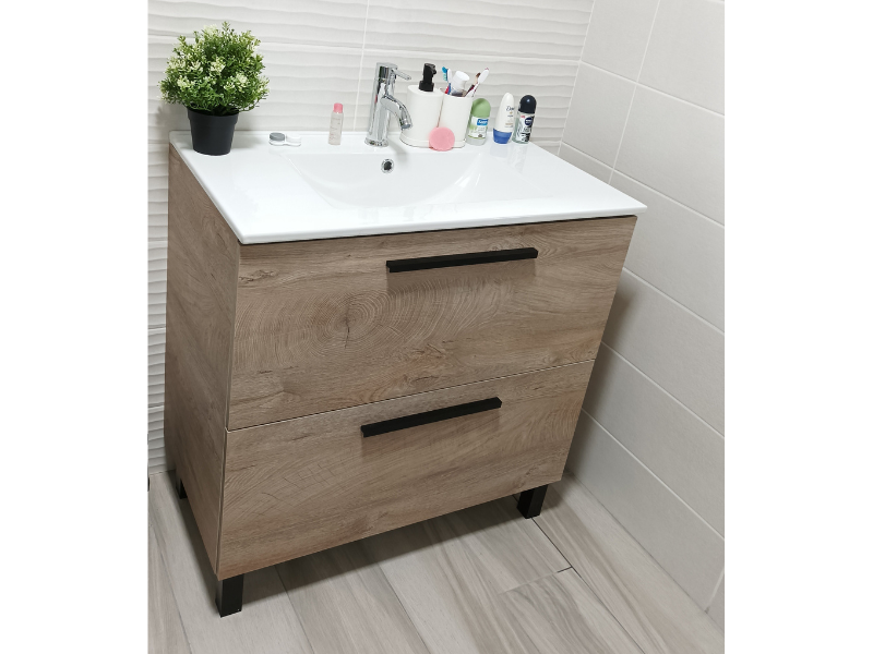 Miroytengo Conjunto Muebles para Baño con Lavamaos Incluido Color Roble  Alaska Industrial (Mueble+Espejo+Lavabo+Columna)