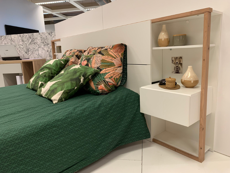 Foto de cliente de Cabecero de Cama con Mesita Line con 2 Cajones Roble Blanco 255 cm