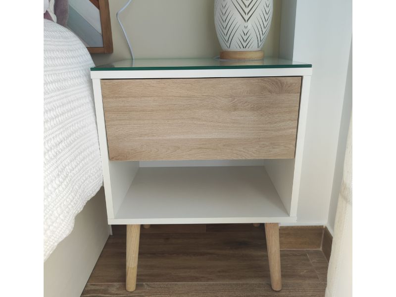 Foto de cliente de Mesita de Noche Nórdica Osaka Roble Japonés Y Blanco 44x56 cm