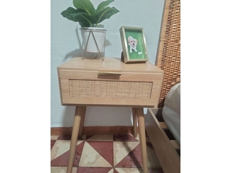 Foto de cliente de Mesita de noche con cajón Frisa Pino y Rattan 40x52 cm