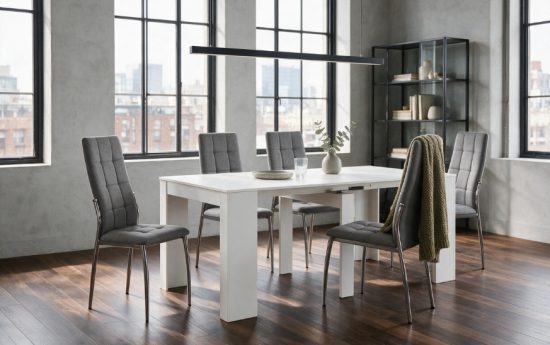 Mesa extensible Train blanca y sillas Laci grises en un comedor urbano con suelo de madera oscura