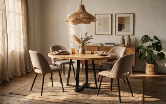 Mesa redonda extensible Aduna en roble y negro con cuatro sillas Mos beige en un salón comedor luminoso