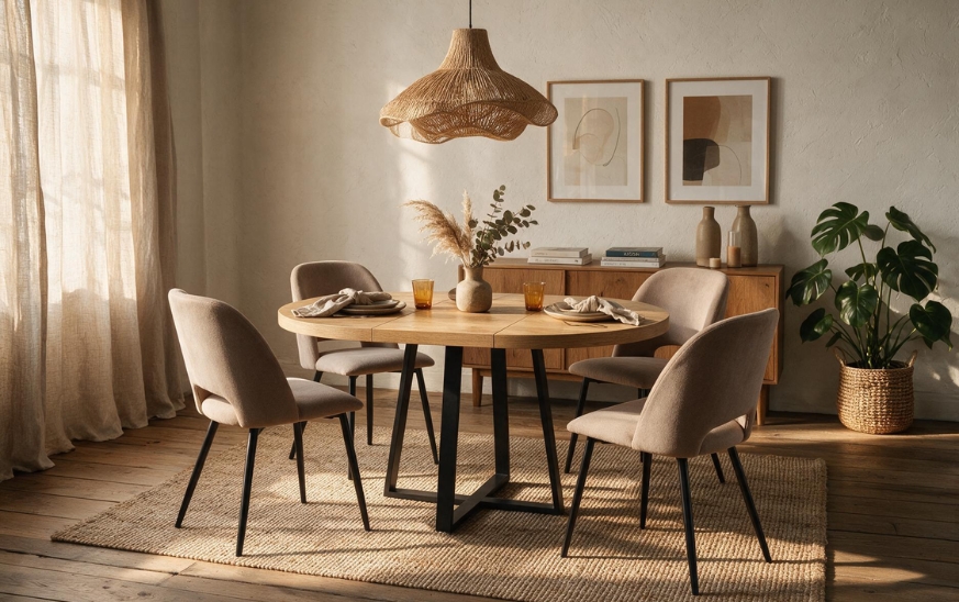 Mesa redonda extensible Aduna en roble y negro con cuatro sillas Mos beige en un salón comedor luminoso