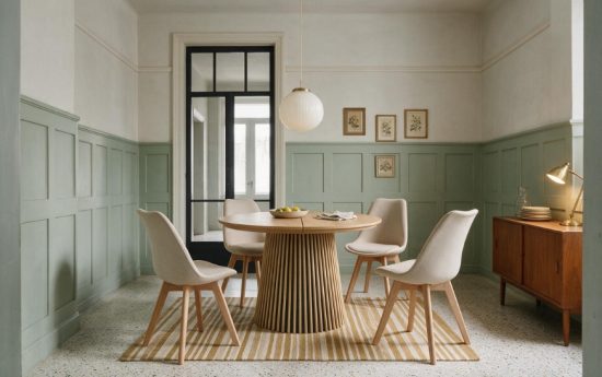Mesa redonda extensible Árbol de roble con sillas Bistro beige en un comedor cuadrado con friso verde salvia