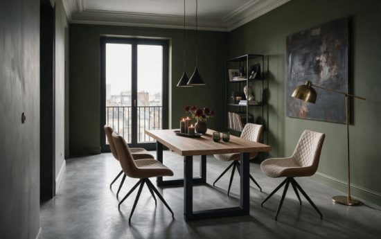 Mesa rectangular Loft de roble y negro con sillas Florida beige en un salón alargado de pared verde oliva