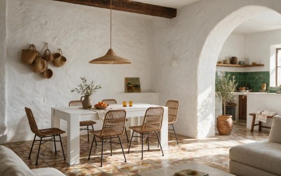 Mesa extensible Bass blanca con cuatro sillas Thai de ratán en un salón comedor abierto de estilo mediterráneo