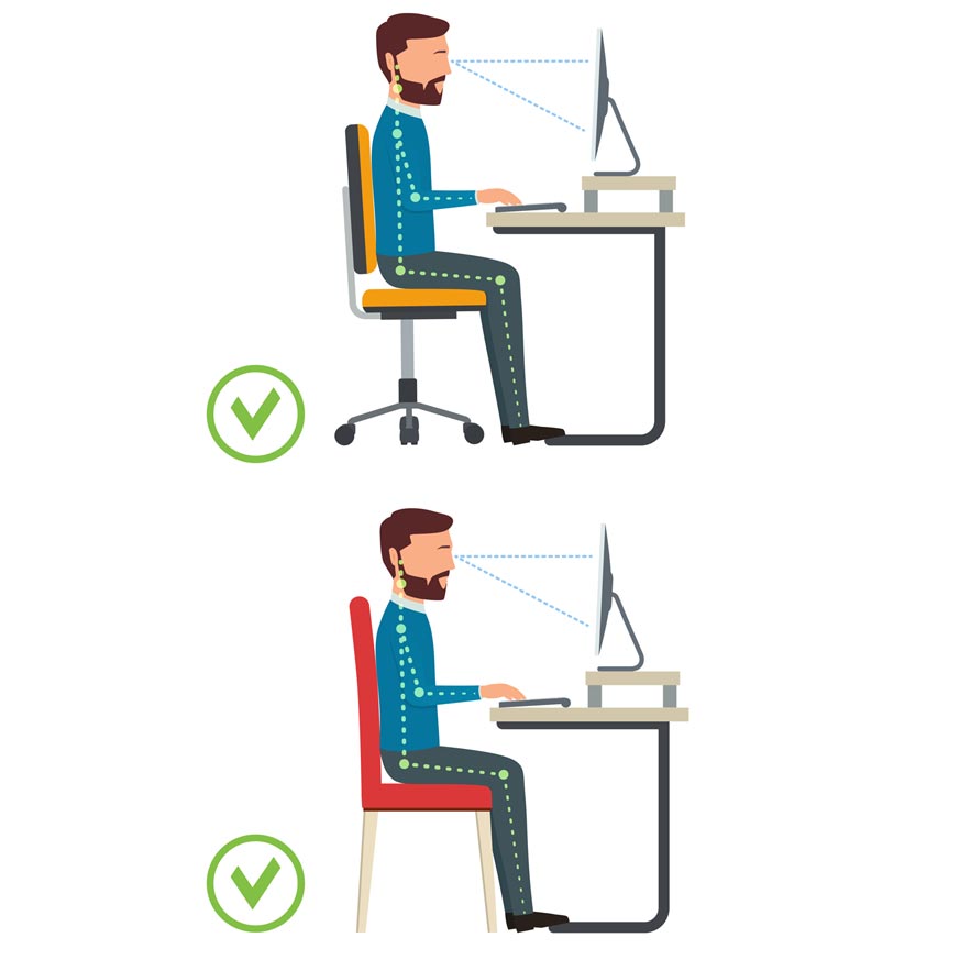 En la parte superior e inferior, aparece una ilustración de un hombre sentado correctamente frente al ordenador.