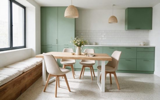 Mesa de comedor nórdica loft en roble Nordish y blanco con sillas bistró beige en una cocina verde salvia