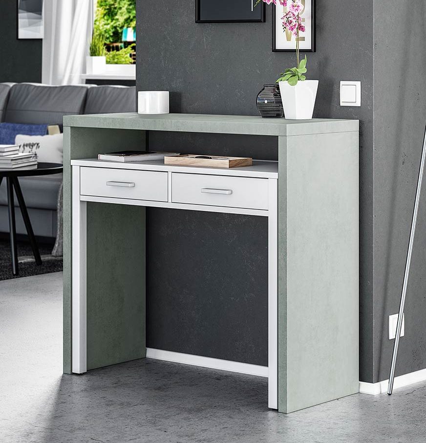 Mueble de oficina con una altura para mesa de escritorio de 73 cm en color blanco y gris. El escritorio, incluye dos cajones frontales en la parte blanca extraíble.