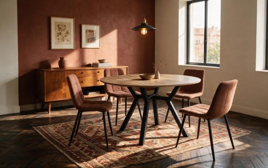 Mesa redonda extensible Alfa en roble y negro con sillas Portland marrón en un comedor de pared terracota