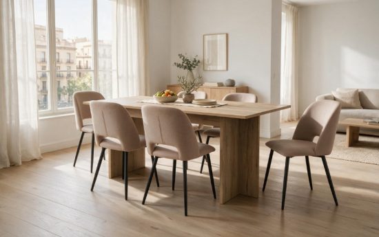 Salón comedor moderno con mesa extensible de roble artisan y seis sillas beige junto a un gran ventanal