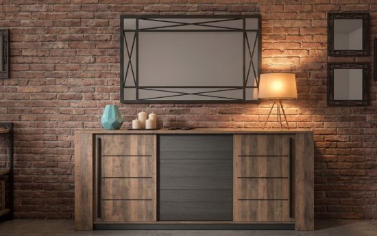 Aparador de salón estilo industrial con almacenaje, acabado roble y estructura metálica negra