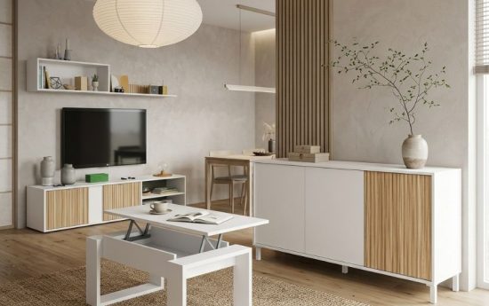 Salón completo estilo nórdico con mueble TV, aparador y mesa de centro elevable en blanco y madera