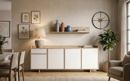 Aparador de salón estilo escandinavo con puertas blancas y estructura en madera natural
