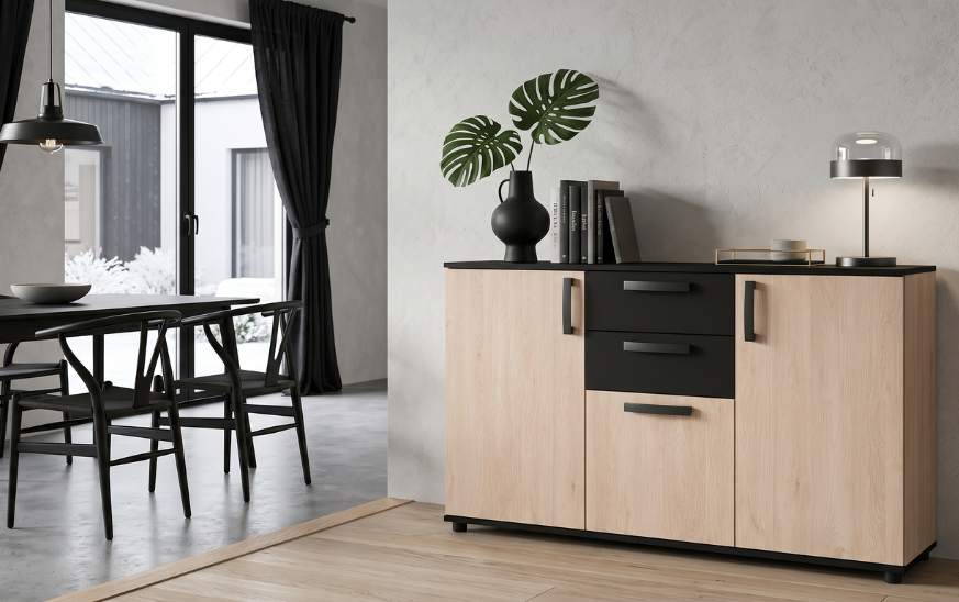 Aparador de comedor con almacenaje negro y roble