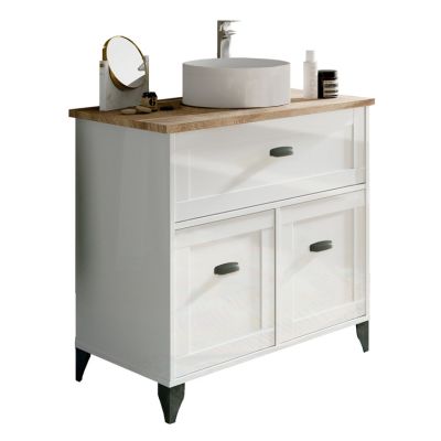 Mueble de baño siena patas y tiradores de plástico acabado metalizado blanco soft