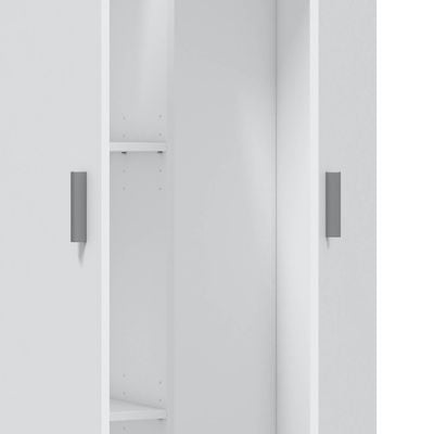 mueble auxiliar pequeño armario escobero con un gran estante superior además de un estante lateral y dos estantes adicionales