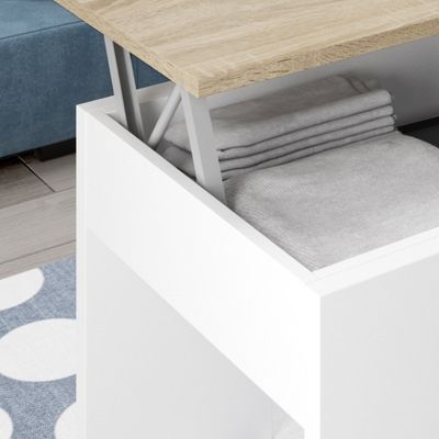mesa de centro elevable canadian y blanco con guías elevables metálicas resistentes y fácil obertura de la tapa superior de la mesa