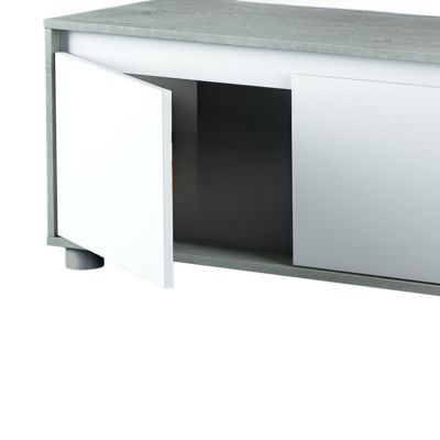 mueble salón industrial blanco y cemento módulos diseño reversible cuatro armarios en el mueble tv y dos armarios flotantes junto a un estante