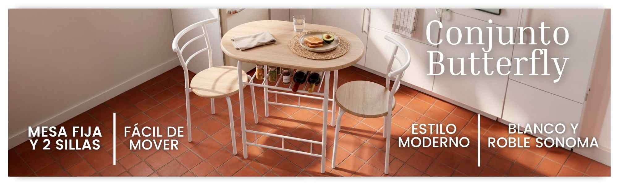 Conjunto Mesa Cocina y 2 Sillas Butterfly Fija Color Blanco y Roble Sonoma